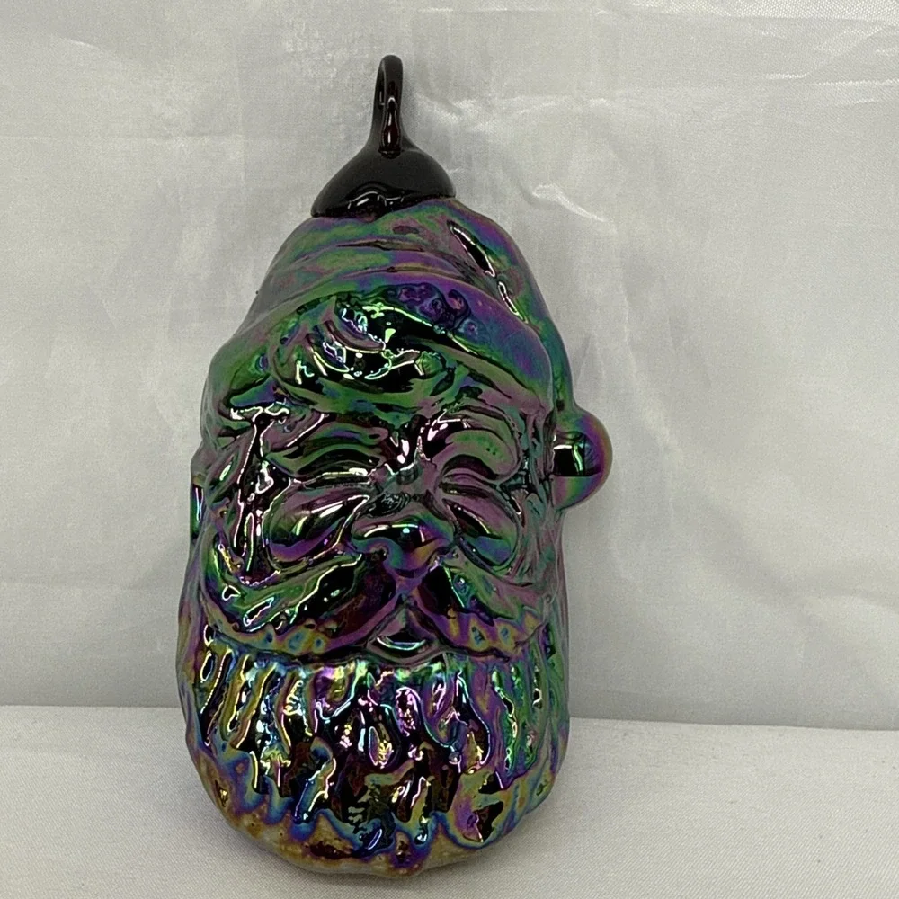 Iridescent Carnival Glass Santa Claus Head Christmas Ornament Heavy 4.5